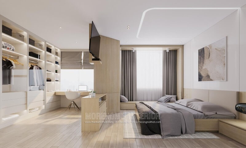 Phòng ngủ chung cư diện tích rộng, vách ngăn được xử dụng thông minh mang đến không gian sử dụng hữu ích Thiết kế chung cư