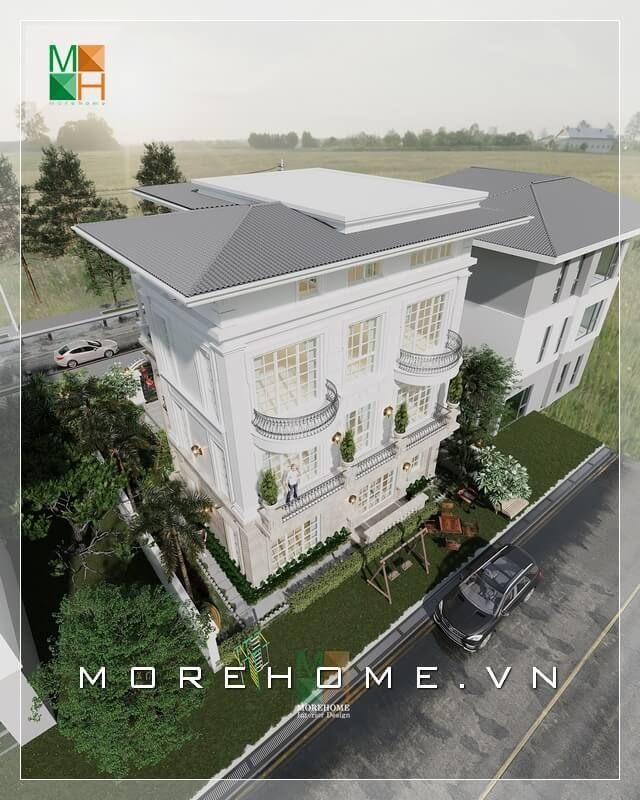 Thiết kế tổng thể biệt thự, nhà phố phong cách tân cổ điển đẹp cao cấp, tinh tế với khoảng sân vườn rộng nhiều cây xanh.