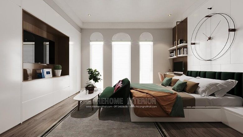 Sản phẩm tủ quần áo gỗ công nghiệp này được thiết kế lắp đặt kịch trần, kết hợp với khu vực đặt tivi cho phòng ngủ, tạo nên sự liên kết liền mạch, mang đến cho người sử dụng một không gian nội thất lý tưởng tuyệt vời.